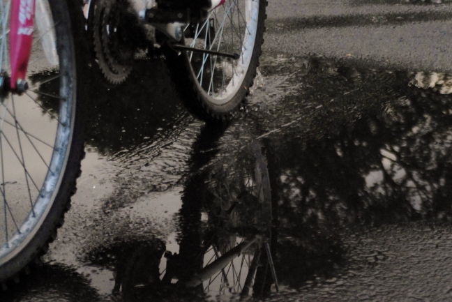 bike tires reflected in puddle